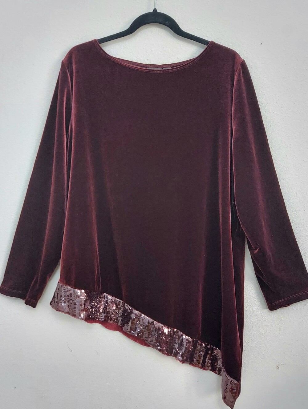 Chico's Travelers Collection Asymmetric Velvet Tunic Sequin Trim Merlot 3 (XL)
